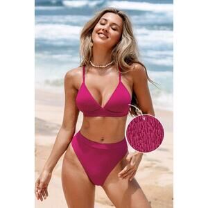 NEW CUPSHE Deep Fuchsia Plunging Bikini Top & Cheeky Bottoms Set SIZE M